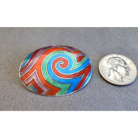 Vtg Wild RAINBOW Spiral ENAMEL +STERLING Silver BROOCH is PENDANT Blue Green Red - Picture 7 of 7